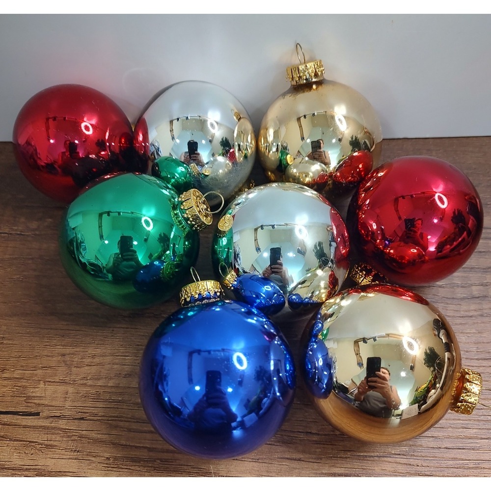 VTG G&D Glass Christmas Ball Ornament Lot Of 8 Shiny Gold Silver Red Blue A2